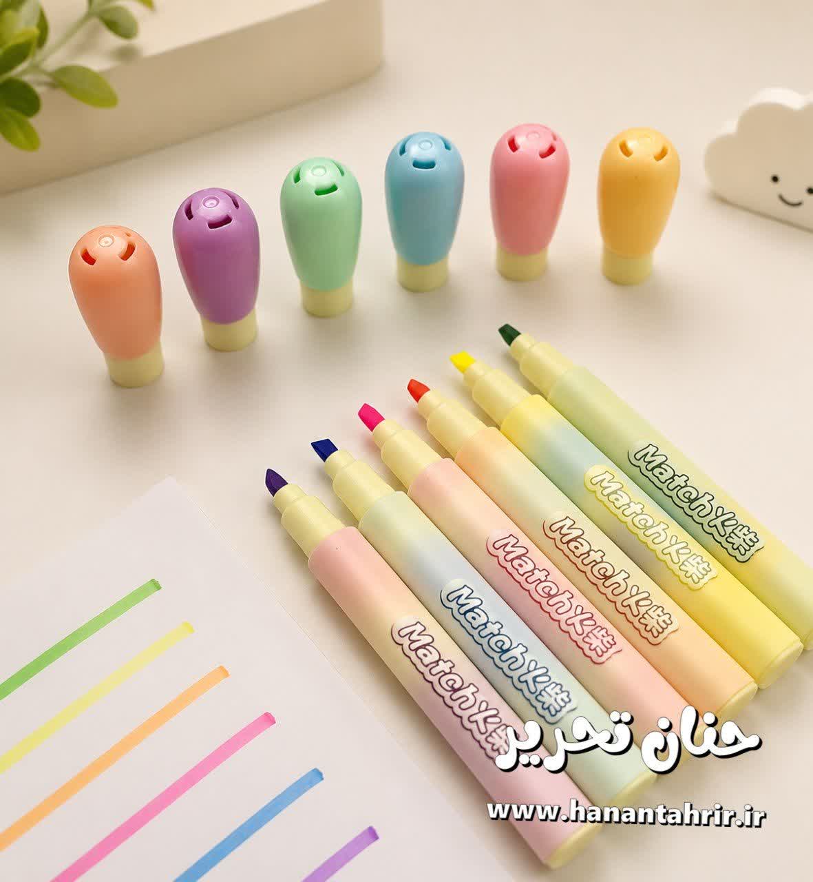 پک هایلایتر کبریتی فانتزی ۶ عددی با رنگ های سبز، زرد، آبی، صورتی، نارنجی و بنفش مناسب مطالعه، جزوه و برنامه ریزی
