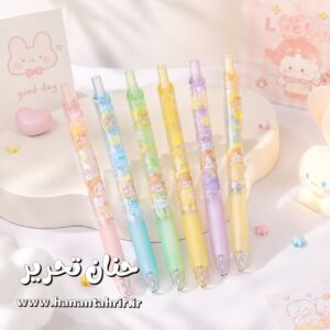 خودکار کلیکی هانی فانتزی رنگی با بدنه شیشه ای طور، طرح دختر بامزه و گیره کاربردی