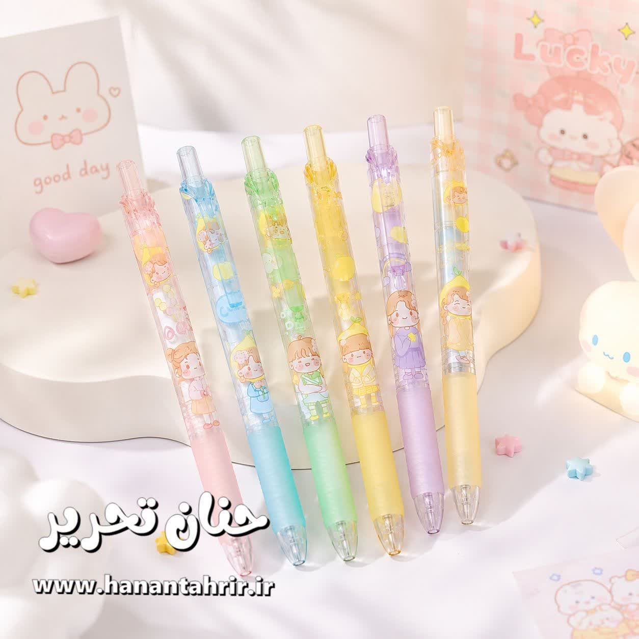 خودکار کلیکی هانی 1 خودکار کلیکی هانی فانتزی رنگی با بدنه شیشه ای طور، طرح دختر بامزه و گیره کاربردی