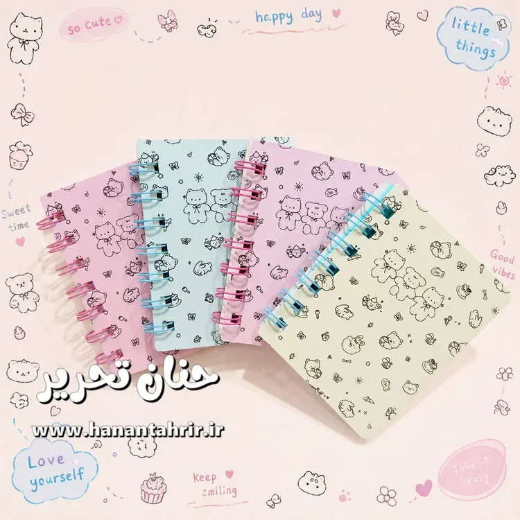 دفترچه انیما 1 دفترچه انیما مینیمال و کیوت سیمی خط دار ۶۰ برگ در رنگ های صورتی، بنفش، سبزآبی و کرم