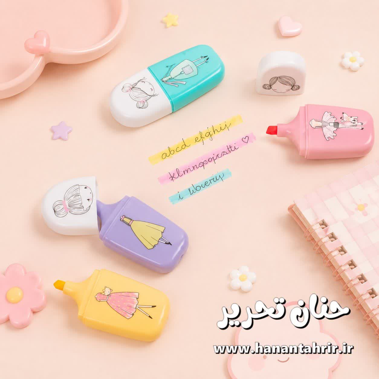 پک هایلایتر جولی چهار رنگ آبی زرد صورتی بنفش با طراحی مینیمال و زیپ کیپ