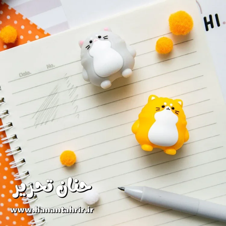 پاک کن فوق کیوت طرح پیشی فانتزی در دو رنگ نارنجی و طوسی با اندازه حدود ۳.۵ سانتی متر